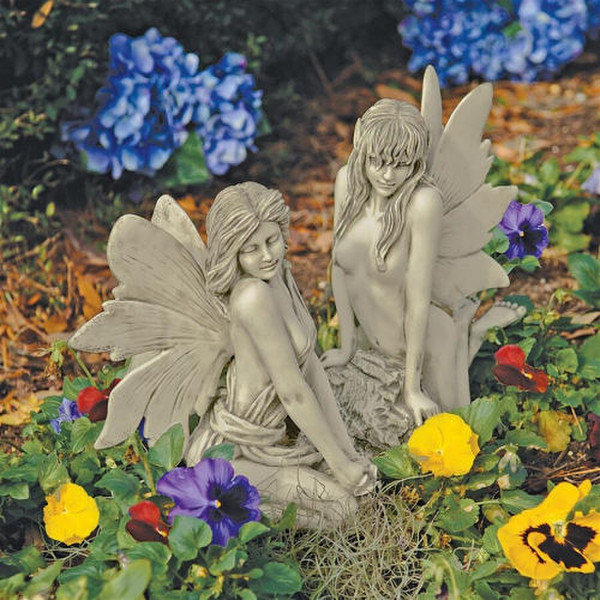 Pair Enchanted Garden Fairies Sculptures Female Nudes Statues Set